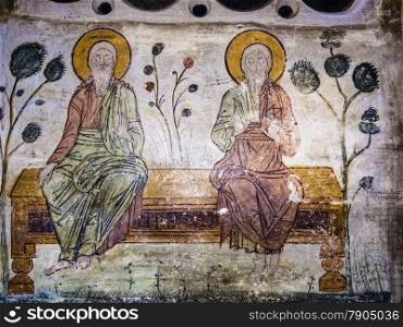 Old orthodox cave mural in a monastery in Greece. Old Orthodox Cave Mural