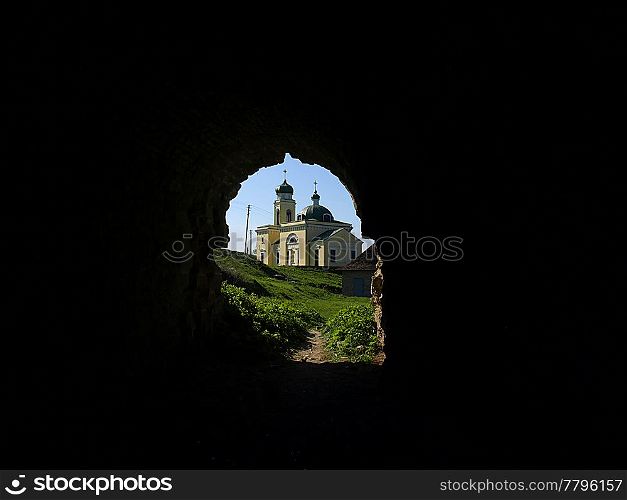 old orthodox church in Khotyn. view from ruins. old orthodox church in Khotyn
