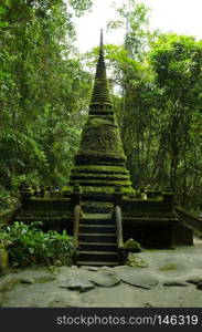 Old pagoda and moss at Phlio waterfall national park in Chanthaburi Province Thailand