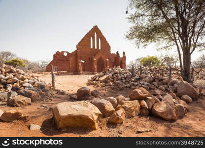 Old Palapye church ruins built from baked earth bricks in rural Botswana, Africa