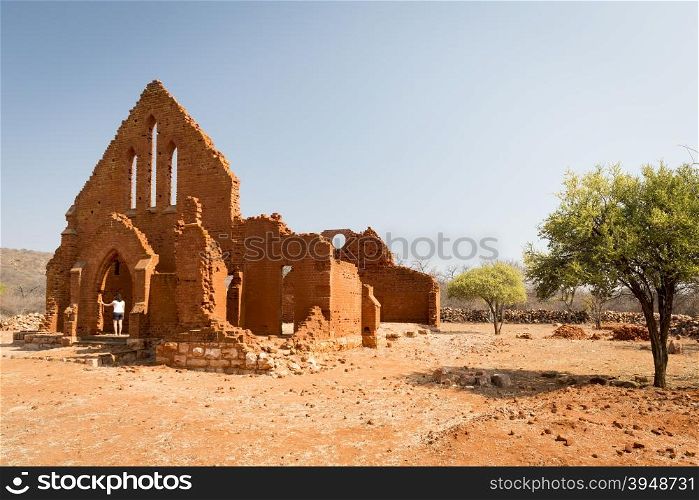 Old Palapye church ruins built from baked earth bricks in rural Botswana, Africa