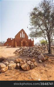 Old Palapye church ruins built from baked earth bricks in rural Botswana, Africa