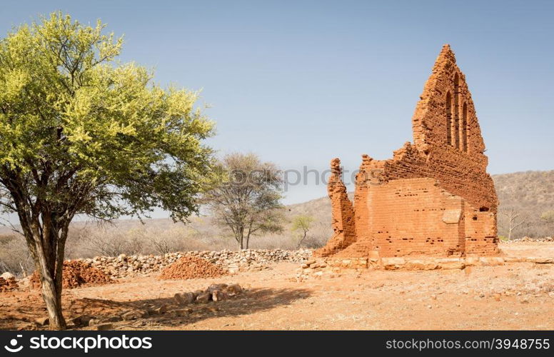 Old Palapye church ruins built from baked earth bricks in rural Botswana, Africa