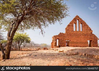 Old Palapye church ruins built from baked earth bricks in rural Botswana, Africa