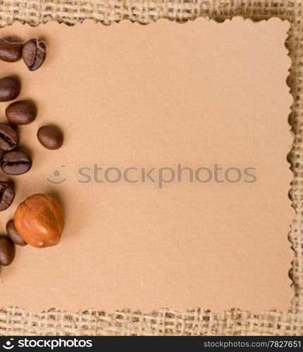 old paper for recipes and spices on burlap closeup