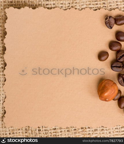 old paper for recipes and spices on burlap closeup