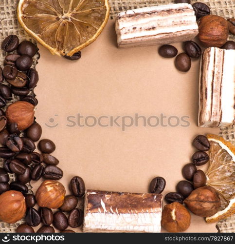 old paper for recipes and spices on burlap closeup