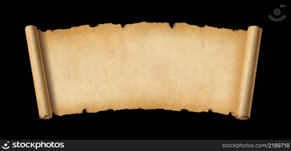 Old paper horizontal banner. Parchment scroll isolated on black background. Old paper horizontal banner. Parchment scroll isolated on black