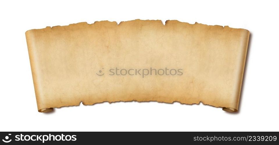 Old paper horizontal banner. Parchment scroll isolated on white background with shadow. Old paper horizontal banner. Parchment scroll isolated on white with shadow