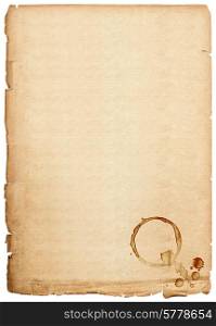 old paper sheet isolated on white background. antique book page with coffee stains
