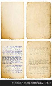 Old paper sheets with edges isolated on white. Handwritten letter. Latin text Lorem ipsum. Handwriting. Calligraphy. Manuscript. Script. Abstract texture background