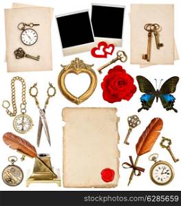 old paper sheets with vintage accessories isolated on white background. antique clock, key, postcard, photo frame, feather pen, inkwell, glasses, compass, scissors, flower, butterfly. objects for scrapbook