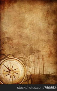 Old Paper Texture with Retro Styled Compass, Ship and Rope.. Compass