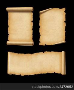Old Parchment paper scroll isolated on black. Horizontal and vertical banners set. Old Parchment paper scroll set isolated on black. Horizontal and vertical banners