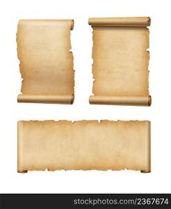 Old Parchment paper scroll isolated on white. Horizontal and vertical banners set. Old Parchment paper scroll set isolated on white. Horizontal and vertical banners