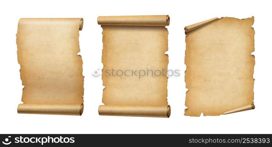 Old Parchment paper scroll isolated on white. Vertical banners set. Old Parchment paper scroll set isolated on white. Vertical banners