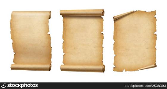 Old Parchment paper scroll isolated on white. Vertical banners set. Old Parchment paper scroll set isolated on white. Vertical banners