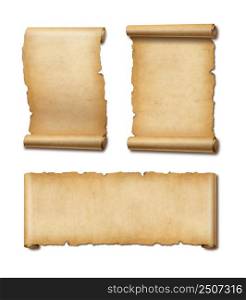 Old Parchment paper scroll isolated on white with shadow. Horizontal and vertical banners set. Old Parchment paper scroll set isolated on white with shadow. Horizontal and vertical banners