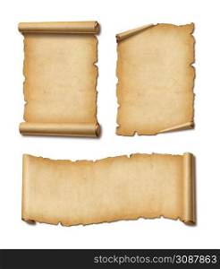 Old Parchment paper scroll isolated on white with shadow. Horizontal and vertical banners set. Old Parchment paper scroll set isolated on white with shadow. Horizontal and vertical banners
