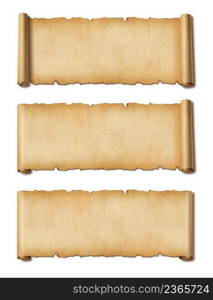 Old Parchment paper scroll isolated on white with shadow. Horizontal banners set. Old Parchment paper scroll set isolated on white with shadow. Horizontal banners