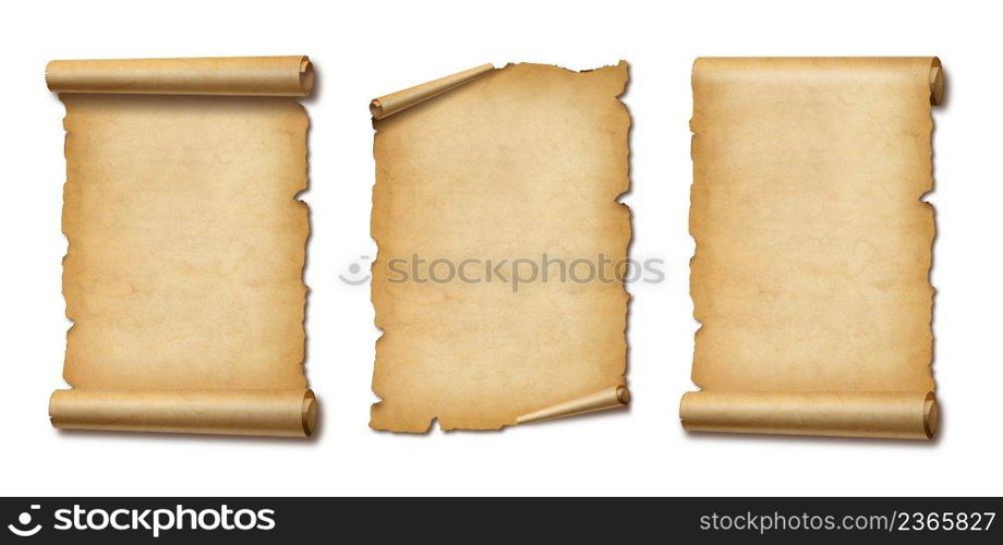 Old Parchment paper scroll isolated on white with shadow. Vertical banners set. Old Parchment paper scroll set isolated on white with shadow. Vertical banners