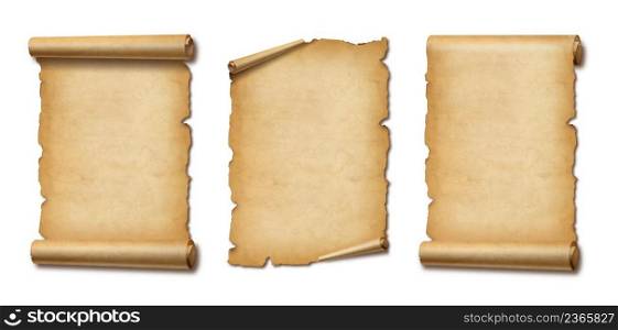 Old Parchment paper scroll isolated on white with shadow. Vertical banners set. Old Parchment paper scroll set isolated on white with shadow. Vertical banners