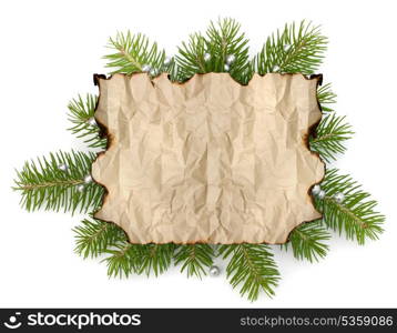 Old parchment paper with copy space on Christmas tree branch background isolated