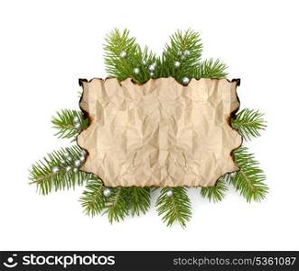 Old parchment paper with copy space on Christmas tree branch background isolated