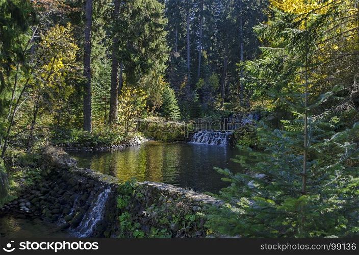 Old park Tsarska or Royal Bistritsa with terraced river, waterfall and differently trees in the venerable autumnal forest near by resort Borovets, Rila mountain, Bulgaria