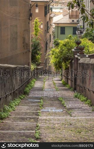 Old pathway from Belvedere Castelletto towards the historical center of the Genoa city, Italy.
