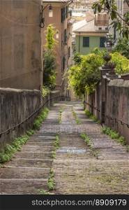 Old pathway from Belvedere Castelletto towards the historical center of the Genoa city, Italy.