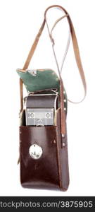 Old photo camera in leather case