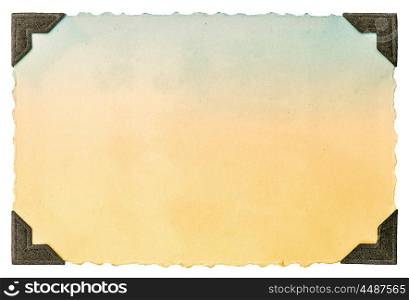 Old photo paper card with corner and edges isolated on white background. Vintage toned picture