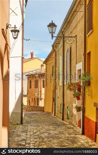 Old picturesque street in Santarcangelo di Romagna town, Emilia-Romagna, Italy. Italian cityscape