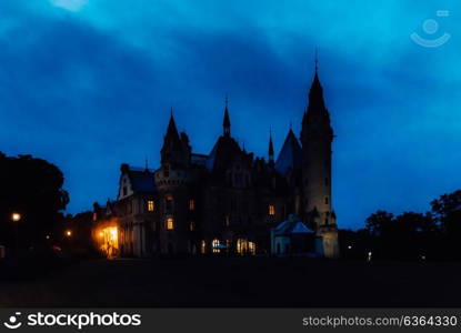 old Polish castle in the village of moszna in the night lights