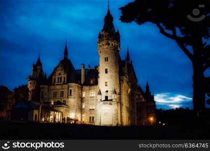 old Polish castle in the village of moszna in the night lights