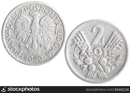 Old Polish zloty coins isolated over white background