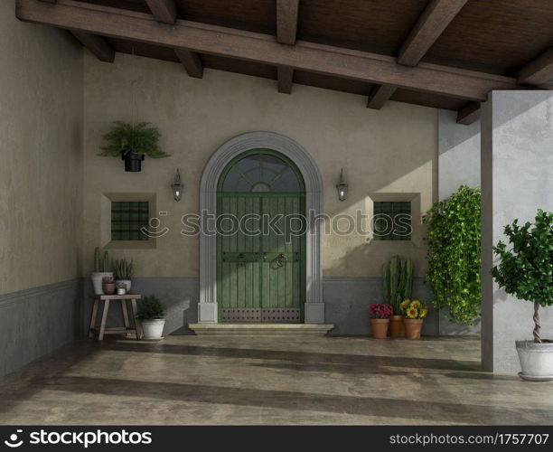 Old porch of a country house with large entrance door , two small windows and wooden ceiling - 3d rendering. Porch of an old country house with large entrance door