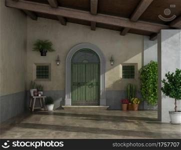 Old porch of a country house with large entrance door , two small windows and wooden ceiling - 3d rendering. Porch of an old country house with large entrance door