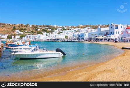 Old port and waterfront in Chora town in Mykonos island, Greece