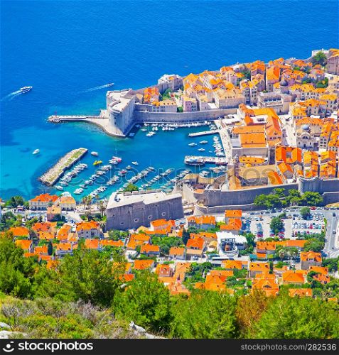 Old port of Dubrovnik on sunny summer day from above, Croatia