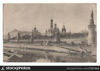 Old post card with the image of Kremlin and Kremlin palace