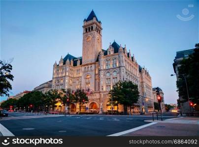 Old post office building in Washington, DC at sunset