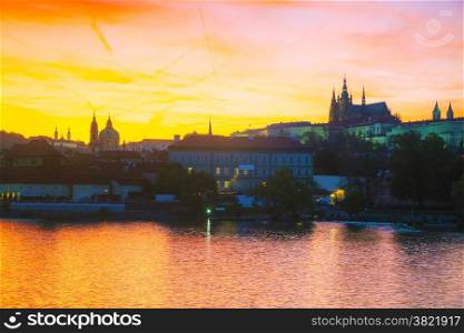 Old Prague cityscape in the evening at sunset