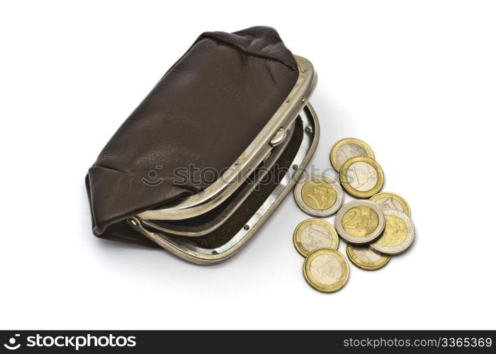 Old purse and euro coins closeup on white background