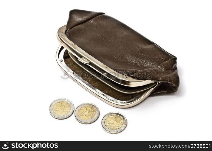 Old purse and euro coins isolated on white background