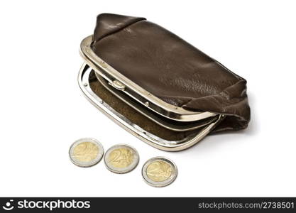 Old purse and euro coins isolated on white background