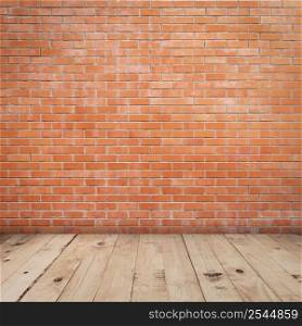Old red brick wall and wood floor background and texture with copy space