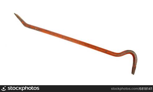 Old red crowbar on a white background