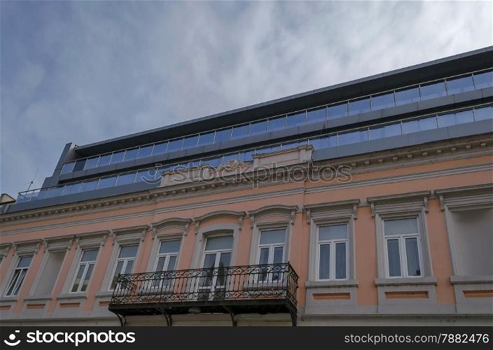 Old renovated office building with new additional storey in Ruse - beauty town with varied style West-European architecture, Bulgaria, Europe